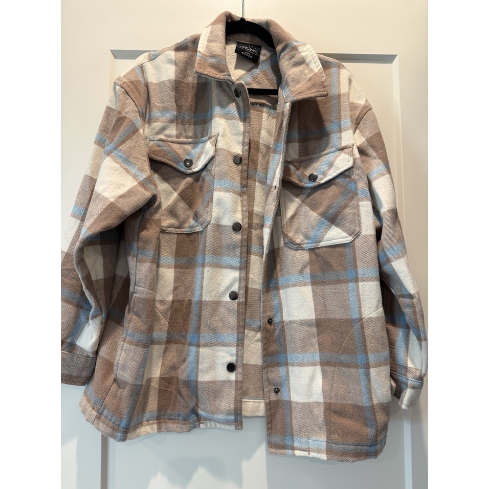 HFX Unisex Oversized Plaid Shacket Button Front Pockets Brown Blue White Size S